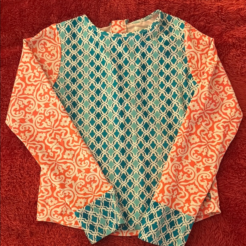 Cabana Life Blue and Orange Geometric RashGuard Girls 7/8